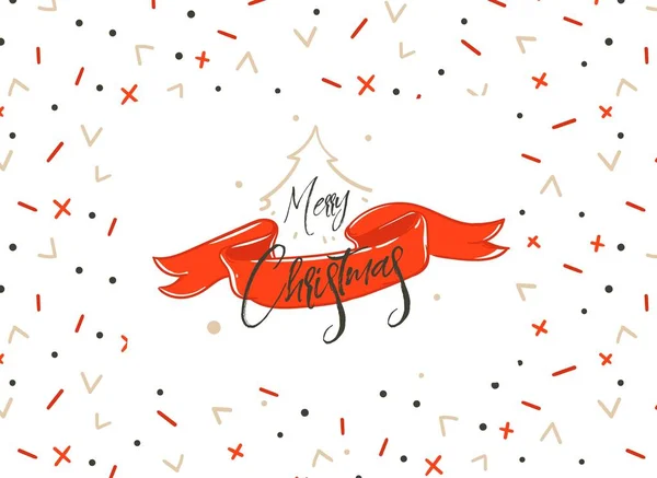 Vecteur dessiné à la main Joyeux Noël dessin animé graphique simple salutation illustration logo design avec ruban rouge et calligraphie manuscrite isolé sur fond blanc — Image vectorielle