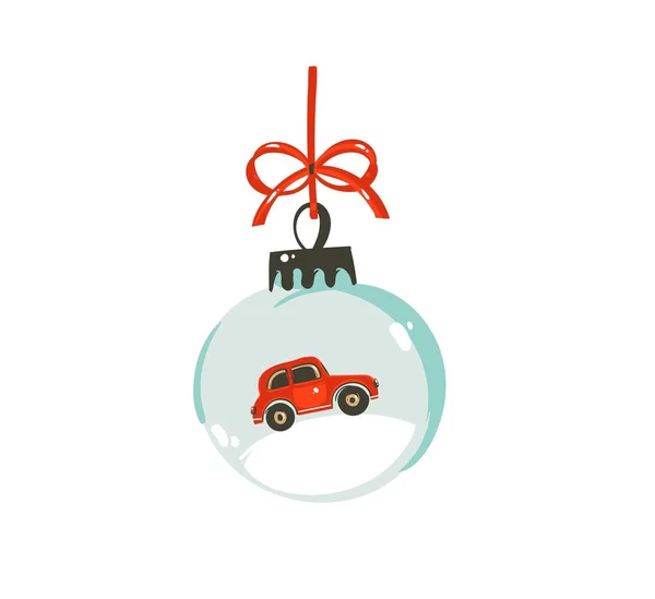 Vetor desenhado à mão Feliz Natal tempo cartoon gráfico ilustração design elemento com bola globo de neve de vidro com carro vermelho isolado no fundo branco —  Vetores de Stock