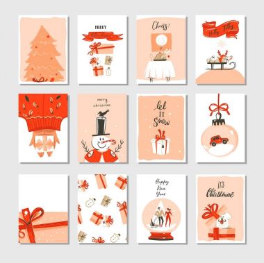 Şirin resimler, sürpriz hediye kutuları, Xmas ağacı ve beyaz arka plan üzerinde izole modern hat ile elle çizilmiş vektör soyut büyük zaman Merry Christmas ve yeni yıl karikatür kartları koleksiyonu ayarla