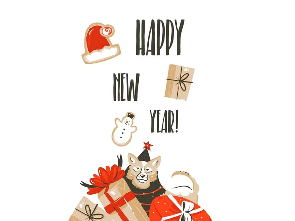 Χέρι διανυσματικά καλά Χριστούγεννα Ψώνια χρόνο κινούμενα σχέδια γραφικών απλό χαιρετισμό Εικονογράφηση Σχεδιασμός λογότυπου με σκύλο, πολλά κουτιά δώρο έκπληξη και καλλιγραφία ευτυχισμένο το νέο έτος απομονώνονται σε λευκό φόντο — Διανυσματικό Αρχείο