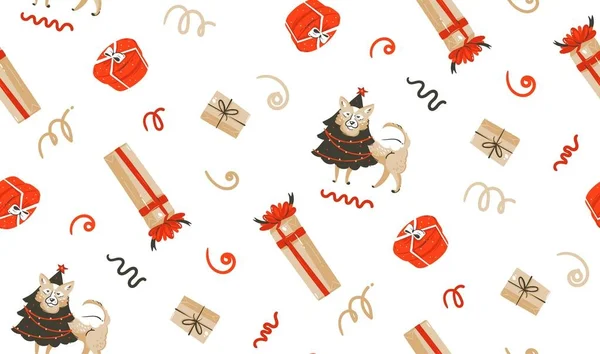 Mão desenhado vetor abstrato divertido Feliz Natal desenhos animados ilustração sem costura padrão com cão de estimação em feriados traje e xmas surpresa caixas de presente isolado no fundo branco —  Vetores de Stock