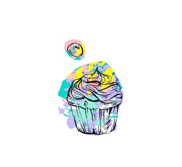 손으로 그린 벡터 추상적인 그래픽 창조적인 현대 케이크 베이커리 디자인 카드 템플릿을 자유롭게 컬러 드로잉 컵 케 익 아이콘 및 딸기 흰색 배경에 고립 — 스톡 벡터