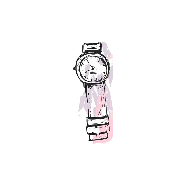 Vector dibujado a mano textura abstracta gráfico moda elegante icono de estilo con accesorios para niña reloj de pulsera en color pastel rosa aislado sobre fondo blanco — Archivo Imágenes Vectoriales