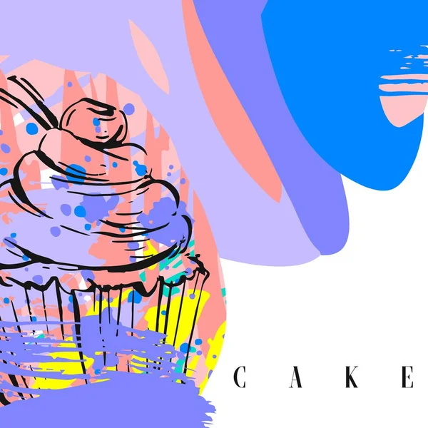Vector dibujado a mano gráfico abstracto creativo moderno pastel panadería diseño tarjeta plantilla con cupcake dibujo, bayas y tipografía texto aislado sobre fondo blanco — Vector de stock