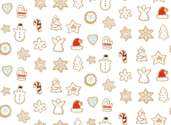 Elle çizilmiş vektör soyut eğlenceli neşeli Noel zaman çizgi film illüstrasyon izole pişmiş gingerbreads kurabiye ile seamless modeli beyaz arka plan üzerinde — Stok Vektör