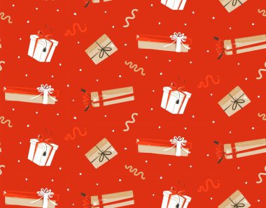 Elle çizilmiş vektör soyut eğlenceli neşeli Noel ile şirin retro vintage Noel hediyeleri kırmızı zemin üzerine izole karikatür çizimler seamless modeli zaman