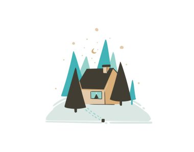 Elle çizilmiş vektör soyut eğlenceli neşeli Noel zaman karikatür kart Xmas peyzaj açık kar orman ve noel ev beyaz arka plan üzerinde izole şirin illüstrasyon ile