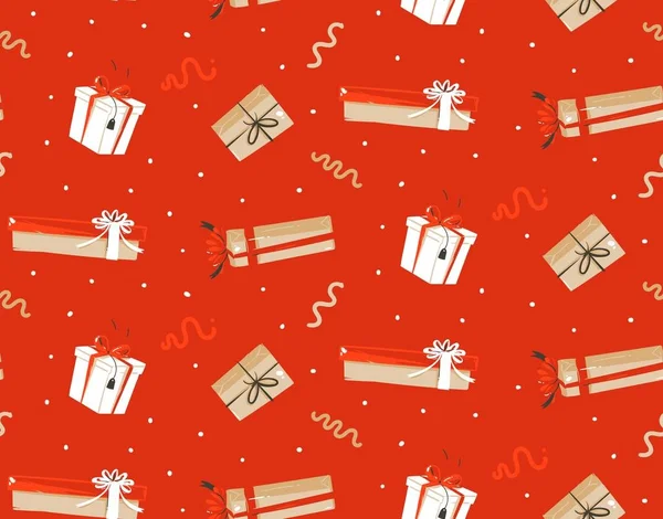 Elle çizilmiş vektör soyut eğlenceli neşeli Noel ile şirin retro vintage Noel hediyeleri kırmızı zemin üzerine izole karikatür çizimler seamless modeli zaman
