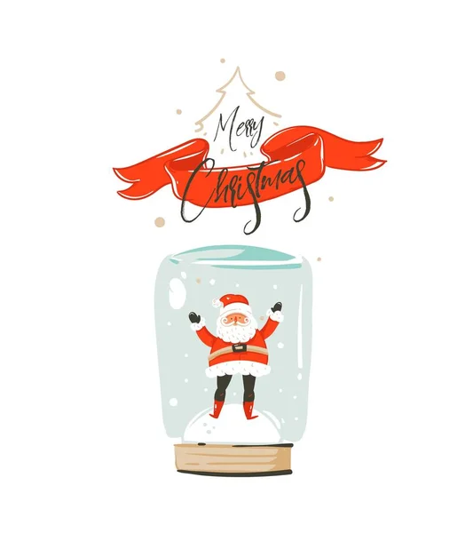 Hand getrokken vector abstracte plezier Merry Christmas tijdkaart cartoon met leuke afbeelding van de Kerstman in sneeuw bauble lamp en kalligrafie Merry Christmas op rood lint geïsoleerd op witte achtergrond — Stockvector