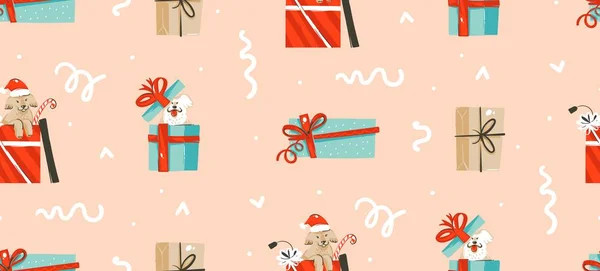 Diversión abstracta vectorial dibujada a mano Feliz Navidad ilustración de dibujos animados patrón sin costuras con perro mascota en cajas de regalo sorpresa de Navidad aisladas sobre fondo pastel — Vector de stock