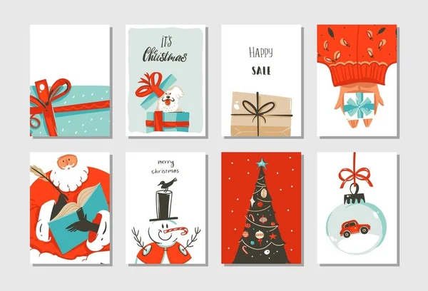 Elle çizilmiş vektör soyut eğlenceli neşeli Noel zaman karikatür kartları koleksiyonu şirin çizimler, sürpriz hediye kutuları, Xmas ağacı ve beyaz arka plan üzerinde izole modern hat ayarla