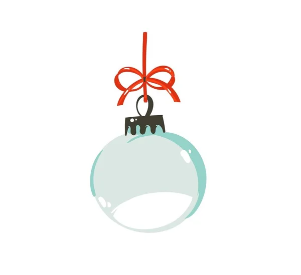 Vecteur dessiné à la main Joyeux Noël temps dessin animé illustration graphique élément de conception avec arbre de Noël boule de boule de neige en verre vide avec arc rouge isolé sur fond blanc — Image vectorielle