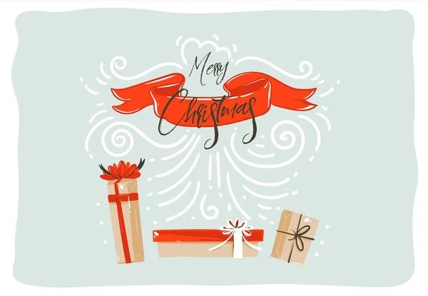 Diversión abstracta vectorial dibujada a mano Feliz Navidad dibujos animados ilustración tarjeta de diseño con cajas de regalo sorpresa, cinta roja y moderna caligrafía de Navidad aislado sobre fondo azul — Vector de stock