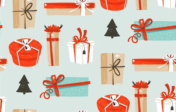 Diversión abstracta vectorial dibujada a mano Feliz Navidad ilustraciones de dibujos animados patrón sin costuras con lindas cajas de regalos de Navidad vintage retro aislado sobre fondo azul — Vector de stock