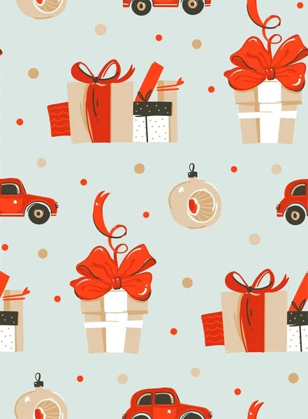 Diversión abstracta vectorial dibujada a mano Feliz Navidad ilustración de dibujos animados patrón sin costuras con cajas de regalo sorpresa, juguete árbol de Navidad y coche rojo aislado en fondo azul — Vector de stock