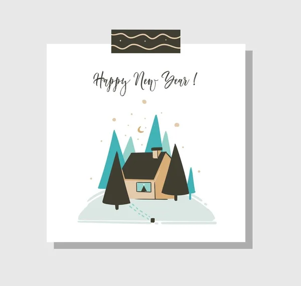 손으로 그린 벡터 추상 재미 귀여운 일러스트, 야외 집, 크리스마스 나무 숲과 현대 서 예 흰색 배경에 고립 된 새 해 메리 크리스마스 시간 만화 카드 서식 파일 — 스톡 벡터