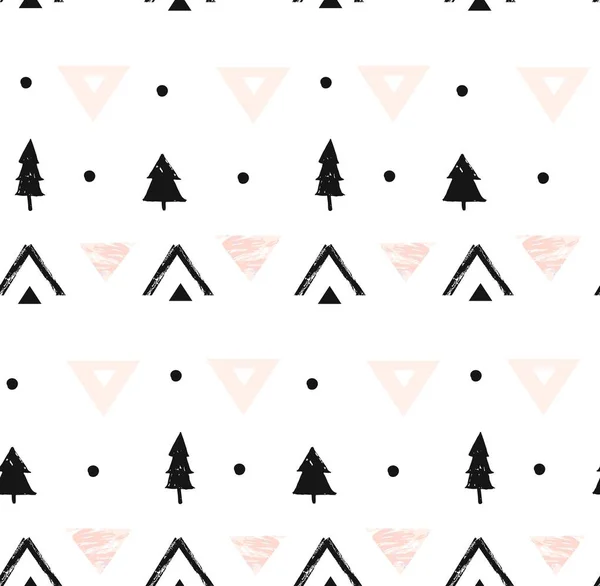 Ručně kreslenou vektorové abstraktní moderní geometrické kompozice bezešvé vzor v černé, bílé a pastelově růžové barvy s ruční hrubé textury a vánočními stromy izolovaných na bílém pozadí — Stockový vektor