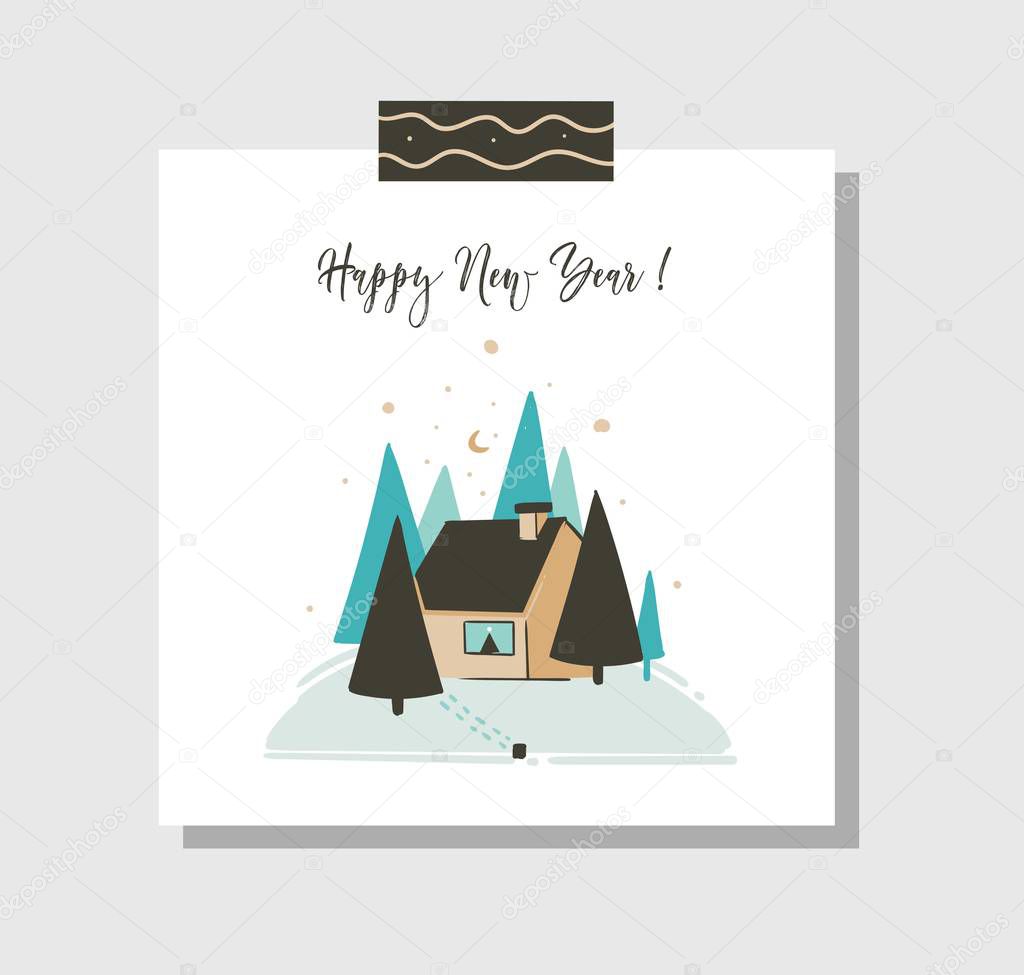 Hand drawn vector abstract fun Merry Christmas time cartoon card template with cute illustrations,outdoor house,xmas trees forest and modern calligraphy Happy New Year isolated on white background