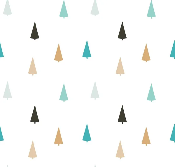 Diversión abstracta vectorial dibujada a mano Feliz Navidad dibujos animados moderna ilustración inusual patrón sin costuras con muchos árboles de Navidad o bosque de pinos aislados sobre fondo blanco — Vector de stock