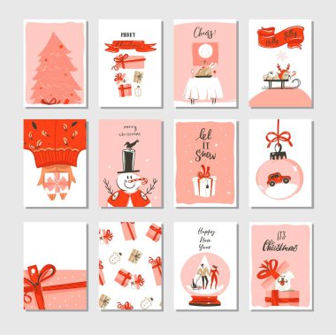 Şirin resimler, sürpriz hediye kutuları, Xmas ağacı ve pastel renkler beyaz arka plan üzerinde izole modern hat ile el çizilmiş vektör soyut Merry Christmas zaman karikatür kartları koleksiyonu ayarla