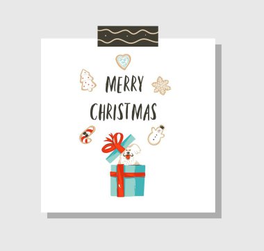 Elle çizilmiş vektör soyut eğlenceli neşeli Noel zamanı çizgi film kartı şablonu şirin çizimler, sürpriz hediye kutuları, gingerbread çerezleri, köpek ve beyaz arka plan üzerinde izole modern Hat sanatı ile