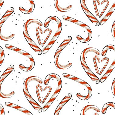 Elle çizilmiş vektör soyut eğlenceli neşeli Noel zaman şirin tatil şeker köpekler kalp şekli ile seamless modeli beyaz arka plan üzerinde izole karikatür doodle rustik şenlikli çizimler
