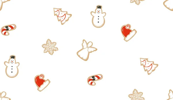 Hand getekende vector abstracte plezier Merry Christmas cartoon illustraties naadloze tijdspatroon met gebakken gingerbreads cookies geïsoleerd op witte achtergrond — Stockvector