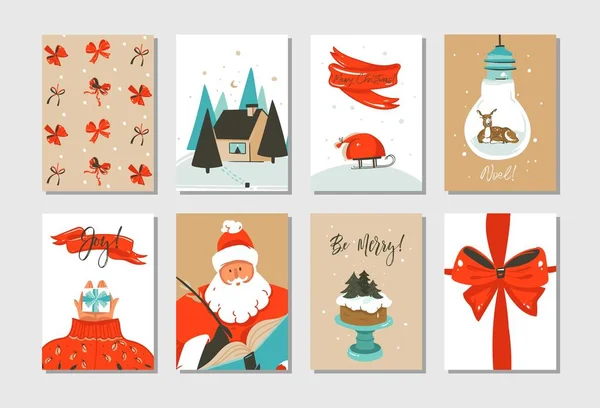 Diversión abstracta vectorial dibujada a mano Feliz Navidad colección de tarjetas de dibujos animados conjunto con ilustraciones lindas de Santa Claus y pastel de Navidad aislado sobre fondo blanco — Archivo Imágenes Vectoriales