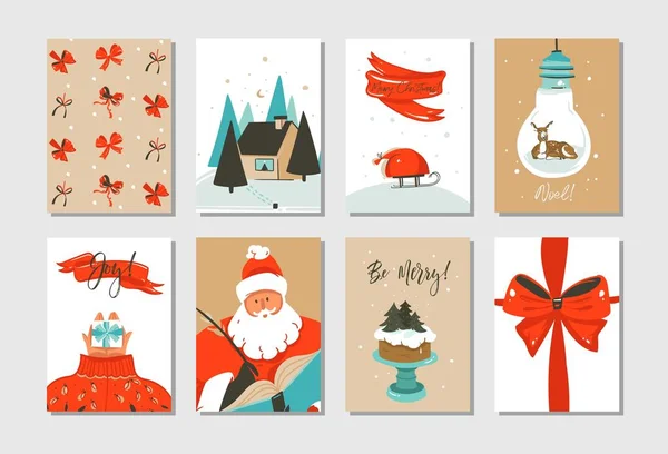 Tracé à la main vectoriel abstrait amusant Joyeux Noël temps collection de cartes de dessin animé avec de jolies illustrations du Père Noël et gâteau de Noël isolé sur fond blanc — Image vectorielle