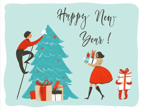 Kézzel rajzolt vektoros absztrakt szórakoztató boldog karácsonyt poszter idő rajzfilm mintanyomtatvány aranyos illusztrációi családi emberek, xmas tree és a meglepetés ajándék doboz elszigetelt fehér background — Stock Vector