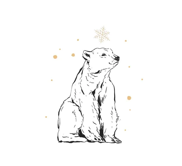 Mão desenhado vetor abstrato divertido desenho animado Feliz Natal tempo tinta rasgado desenho ilustração design elemento com urso polar isolado no fundo branco — Vetor de Stock