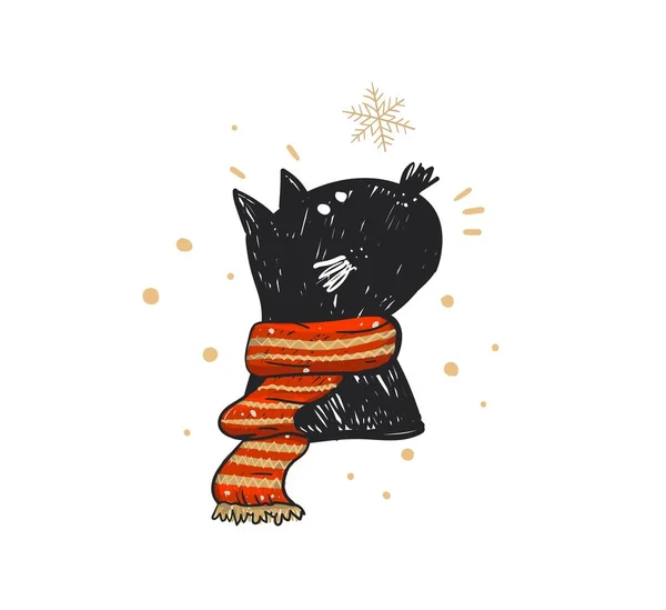 Dessiné à la main vecteur abstrait amusant Joyeux Noël temps dessin animé doodle illustration festive rustique avec mignon vacances chat noir et isolé sur fond blanc — Image vectorielle