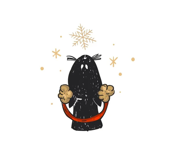 Dessiné à la main vecteur abstrait amusant Joyeux Noël temps dessin animé gribouille rustique icône d'illustration festive avec vacances mignonne chat noir isolé sur fond blanc — Image vectorielle