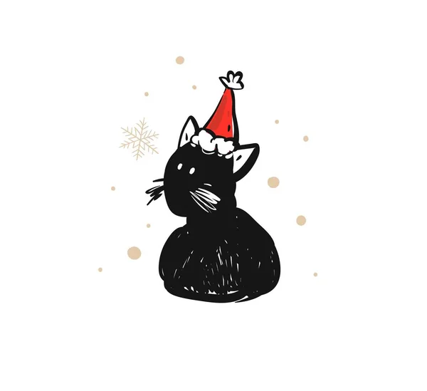 Mão desenhado vetor abstrato divertido Feliz Natal tempo cartoon doodle rústico ícone ilustração festiva com feriado bonito gato preto em chapéu de Papai Noel isolado no fundo branco — Vetor de Stock