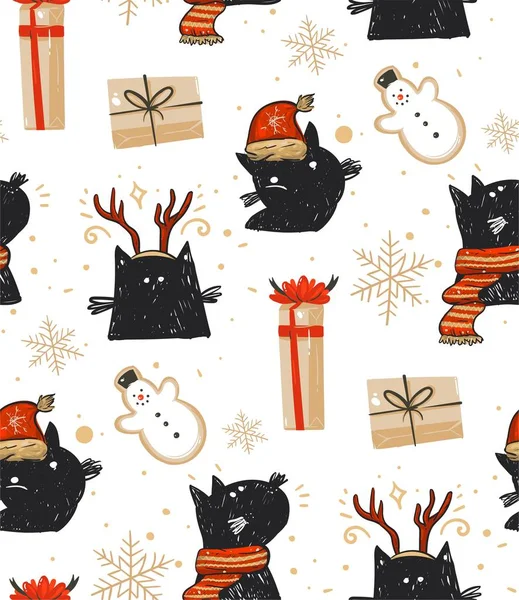 Mão desenhado vetor abstrato divertido Feliz Natal cartoon tempo rústico padrão sem costura festiva com ilustrações bonitos de férias gatos pretos e caixas de presente surpresa isolados no fundo branco —  Vetores de Stock