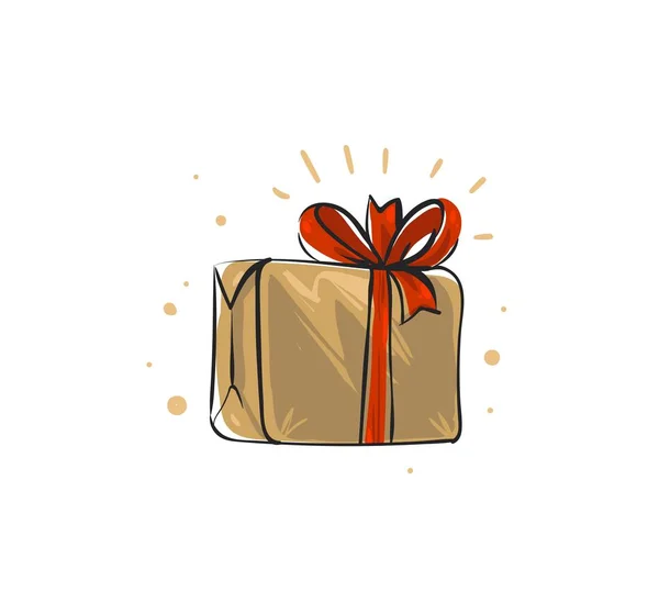 Diversión abstracta vectorial dibujada a mano Feliz Navidad dibujos animados garabato rústico icono de la ilustración festiva con lindo día de fiesta Santa Claus sorpresa caja de regalo con lazo rojo aislado sobre fondo blanco — Vector de stock