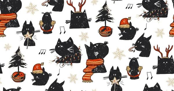 Mão desenhado vetor abstrato divertido Feliz Natal cartoon tempo rústico padrão sem costura festiva com ilustrações bonitos de férias gatos pretos e árvore de xmas isolado no fundo branco —  Vetores de Stock