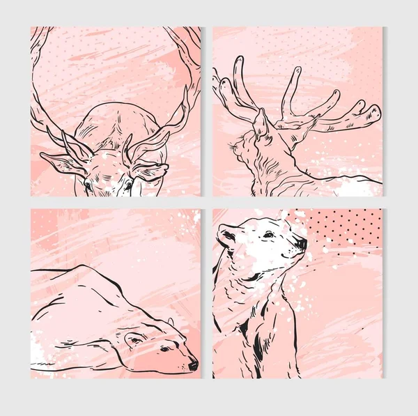 Diversión abstracta vectorial dibujada a mano Feliz Navidad colección de tarjetas de dibujos animados con ilustraciones lindas de ciervos gráficos y osos polares aislados sobre fondo texturizado pastel rosa — Archivo Imágenes Vectoriales