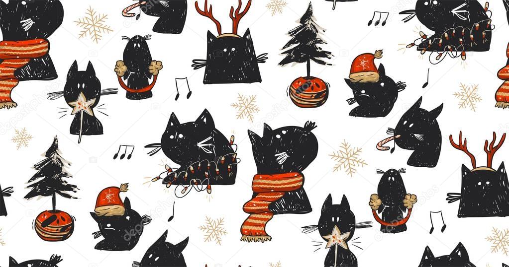 Hand drawn vector abstract fun Merry Christmas time cartoon rustic festive seamless pattern with cute illustrations of holiday black cats and xmas tree isolated on white background