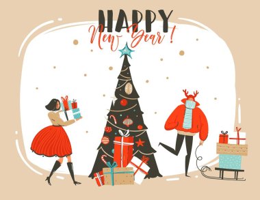 Elle çizilmiş vektör soyut eğlenceli neşeli Noel zaman çizgi film illüstrasyon tebrik kartı grup insanlar, sürpriz hediye kutuları, Noel ağacı ve zanaat arka plan üzerinde izole xmas hat ile