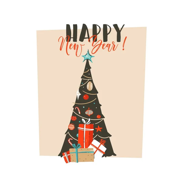 Mão desenhado vetor abstrato divertido Feliz Natal tempo cartoon ilustração cartão com caixas de presente surpresa, árvore de Natal e tipografia moderna Feliz Ano Novo isolado no fundo branco —  Vetores de Stock