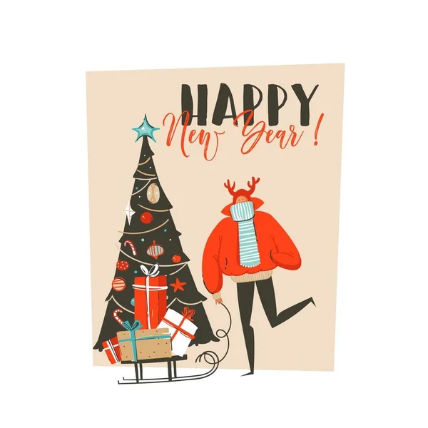 Mão desenhado vetor abstrato divertido Feliz Natal cartoon ilustração cartão com o homem, caixas de presente surpresa, árvore de Natal e xmas caligrafia isolada no fundo do ofício — Vetor de Stock