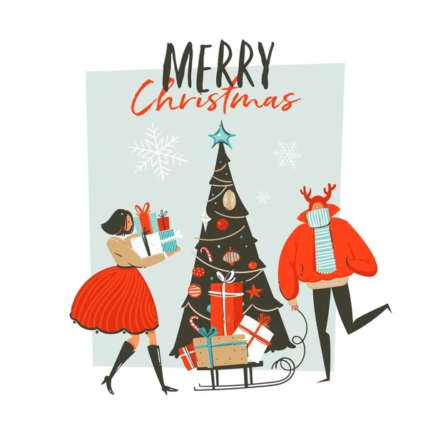 Handgezeichnete Vektor abstrakte Spaß frohe Weihnachten Cartoon Illustration Grußkarte mit Gruppe von Menschen, Überraschung Geschenk-Boxen, Weihnachtsbaum und Weihnachten Kalligraphie isoliert auf weißem Hintergrund — Stockvektor