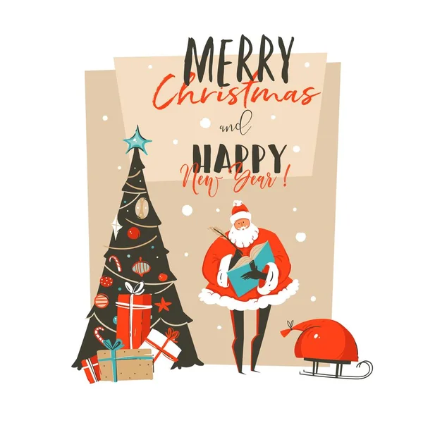 Mão desenhado vetor abstrato Feliz Natal e Feliz Ano Novo cartoon ilustração cartão de saudação com caixas de presente surpresa Papai Noel, árvore de Natal e tipografia isolada no fundo branco —  Vetores de Stock