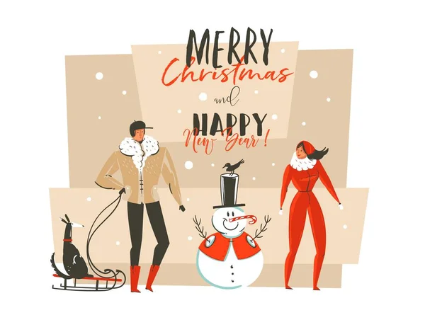 Hand getekende vector abstract vrolijk kerstfeest en gelukkig Nieuwjaar tijd cartoon afbeelding wenskaart met sneeuwpop, familie mensen, hond op slee en moderne typografie geïsoleerd op witte achtergrond — Stockvector