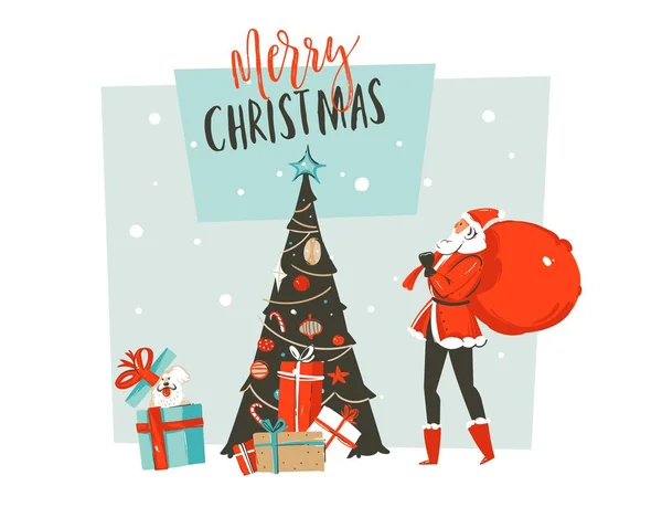 Diversión abstracta vectorial dibujada a mano Feliz Navidad ilustración de dibujos animados tarjeta de felicitación con Papá Noel, perro mascota, cajas de regalo sorpresa, árbol de Navidad y tipografía aislados en el fondo del arte — Vector de stock