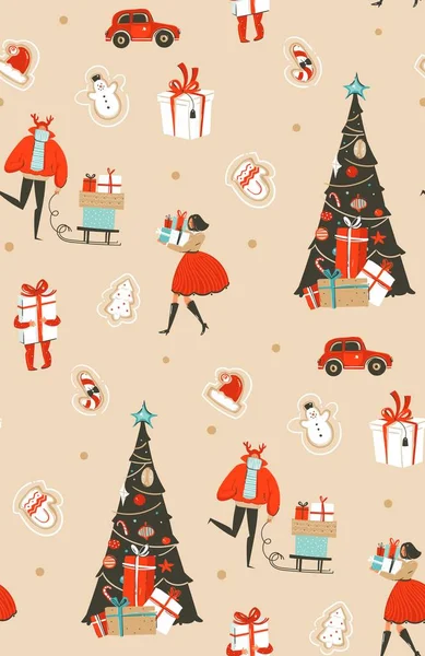 Diversión abstracta vectorial dibujada a mano Feliz Navidad ilustración de dibujos animados patrón sin costuras con grupo de personas en ropa de invierno, muchas cajas de regalo sorpresa en trineo y árbol de Navidad aislado . — Vector de stock