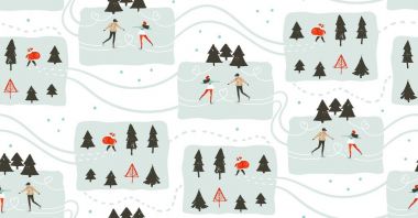 Çizilmiş vektör soyut eğlenceli neşeli Noel zaman çizgi film illüstrasyon seamless modeli ile genç bir çift kim izole donmuş ormanda beyaz arka plan üzerinde paten el