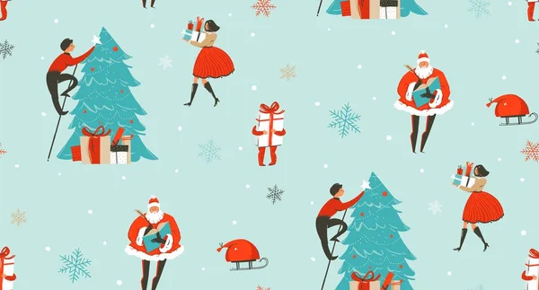 Kézzel rajzolt vektoros absztrakt szórakoztató karácsonyi ünnepeket idő rajzfilm illusztrációk varrat nélküli mintát emberek, a gyerekek, a Mikulás és a meglepetés ajándék doboz elszigetelt hó kék háttér — Stock Vector