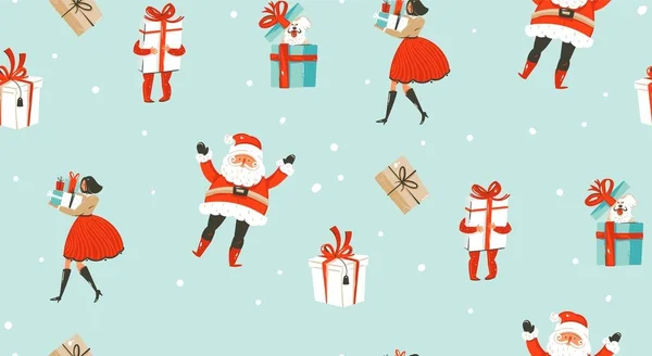 Diversión abstracta vectorial dibujada a mano Feliz Navidad ilustraciones de dibujos animados patrón sin costuras con personas, niños, perro, Papá Noel y cajas de regalo sorpresa aislados en fondo azul nieve — Vector de stock